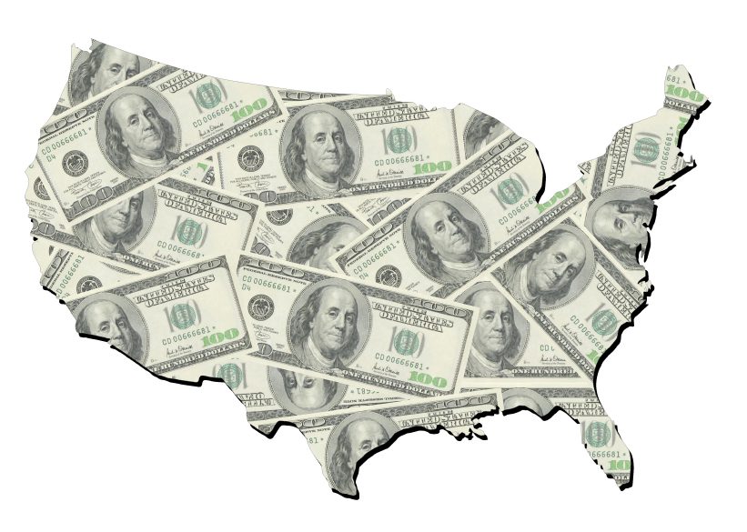 map of united states with random one hundred dollars bills background