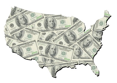 map of united states with random one hundred dollars bills background