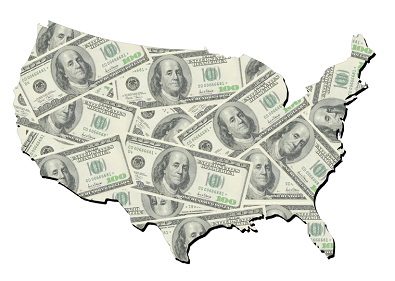 map of united states with random one hundred dollars bills background