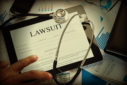 Lawsuit form with a stethoscope on a desk