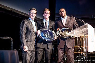 L-R: Timothy Brosnan, EVP Business, Major League Baseball; Garrett Burk, teen athlete winner; Steven Carter, youth coach winner